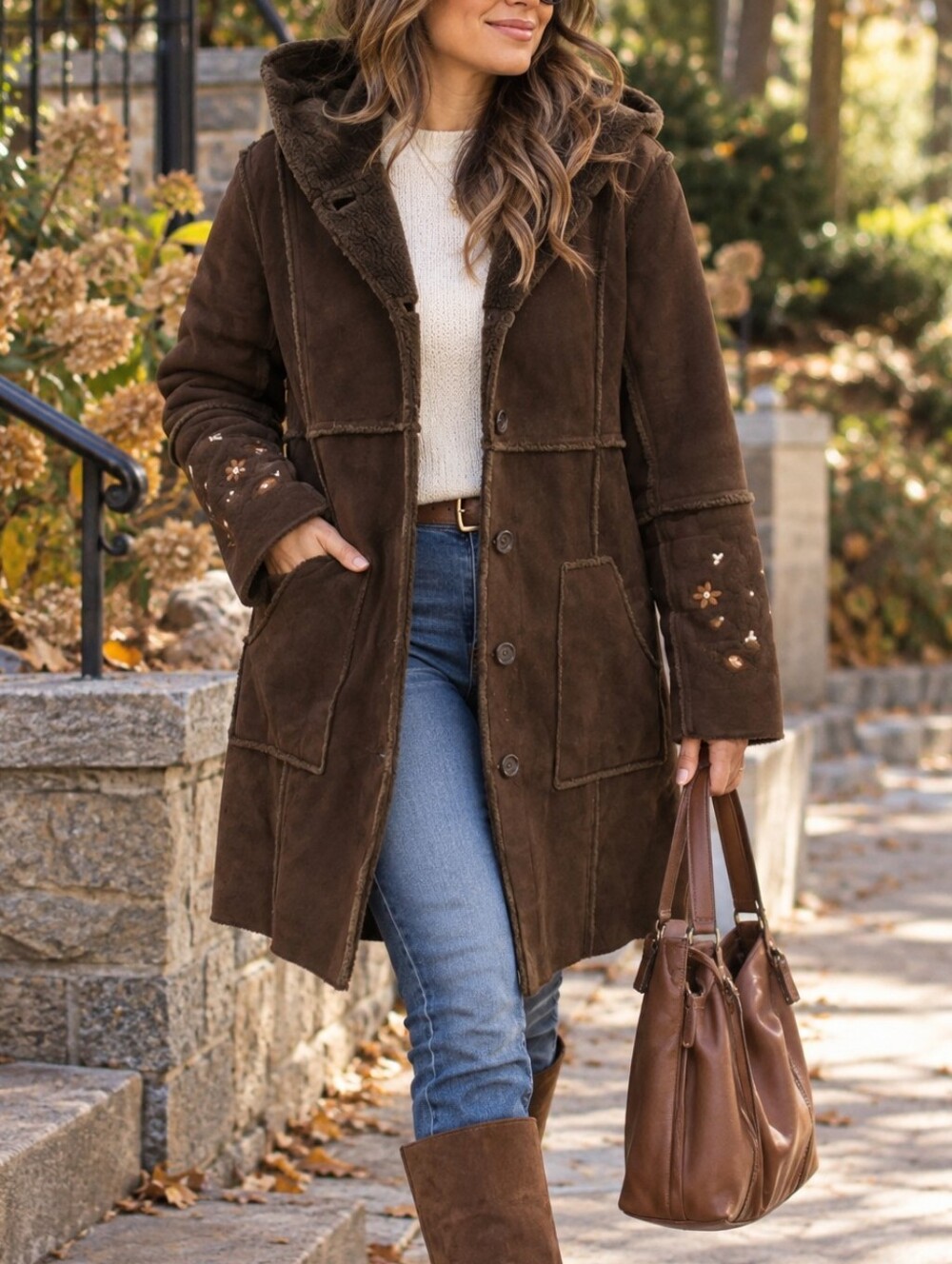 Vintage Cherokee Dark Brown Faux Suede Shearling Hooded Long Coat Embroidered